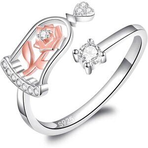 🆕 Women Silver Beauty Beast Rose Ring Sterling Adjustable Teen Jewelry Gifts